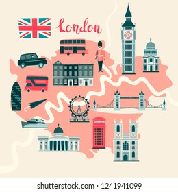 London illustrated map vector. Abstract atlas poster. Illustrated abstract map of London, England