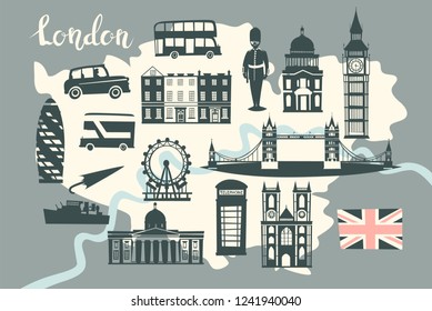 London illustrated map vector. Skyline silhouette Illustration, gray color.  Abstract colorful atlas poster. Illustrated abstract map of London, England