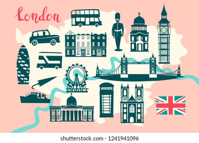 London illustrated map vector. Skyline silhouette Illustration, pink and gray color.  Abstract colorful atlas poster. Illustrated abstract map of London, England