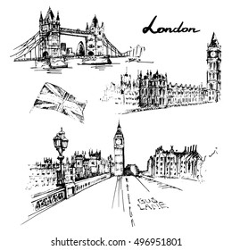 London illustration set: Tower bridge, Big ben, british flag. Hand drawn vector illustration.