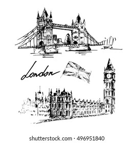 London illustration set: Tower bridge, Big ben, british flag. Hand drawn vector illustration.