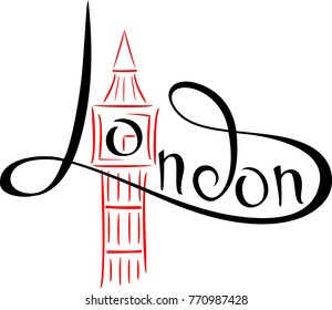 London inscriptions. Hand drawn vector illustration, design, postcard, logo. Watch. Big Ben.