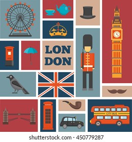 London isolated square icon set chaotic size and arrangement about recognizable features of united kingdom vector illustration