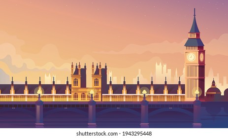 London landing page in flat cartoon style. Westminster bridge and Big Ben. Night city panorama, urban landscape. Business travel and travelling of landmarks. Vector illustration of web background