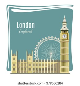 London landmark detailed illustration for card. Big Ben, London Eye, Westminster Abbey. Architecture of England. Places of interest in London. Great Britain capital panorama. Flat style design. Vector