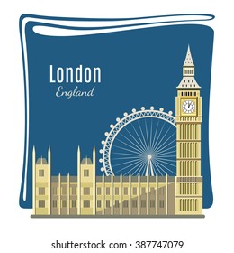 London landmark detailed illustration for card. Big Ben, London Eye, Westminster Abbey. Architecture of England. Places of interest in London. Great Britain capital panorama. Flat style design. Vector