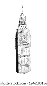 London Landmark. Landscape of London. Big Ben Tower. Vector Hand-drawn Sketch Illustration. Big Ben - the Clock Tower of the Houses of Parliament, London - vector lineart illustration.