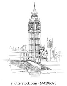 London Landmark. Landscape of London. Big Ben Tower. Vector Hand-drawn Sketch Illustration.