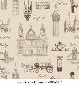 London landmark seamless pattern. Doodle travel Europe sketchy lettering. Famous architectural monuments  and symbols. England vintage icons vector textured background