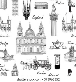 London landmark seamless pattern. Doodle travel Europe sketchy lettering. Famous architectural monuments  and symbols. England vintage icons vector textured background