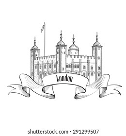 London landmark sign isolated over white background. Tower of London famous castle building, London, England, UK. Travel vintage card