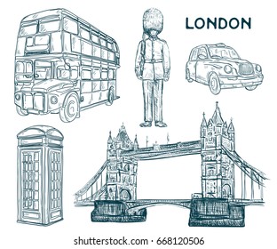 London landmark symbols in sketch style. Isolated elements. Vintage hand drawn vector illustration.