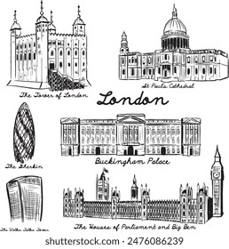 London landmark tourists attraction ink illustration. England famous buildings vector drawings. Britain architectures: The Gherkin, Parliament and Big Ben, St Paul Cathedral, Tower of London. 