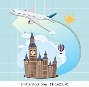 London landmarks with airplane illustration