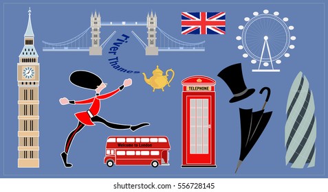 London landmarks. Collection of images - traditional symbols of England.