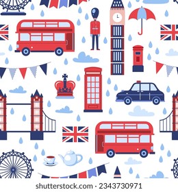 London landmarks seamless pattern. Vector flat cartoon illustration. Great Britain national symbols on white background. Travel and tourism fashion textile print or wrapping paper design