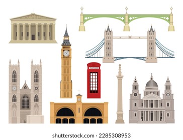 London Landmarks Set. Tower Bridge, Big Ben, St Pauls Cathedral, Westminster Abbey and British Museum. Popular tourist locations of UK. Cartoon flat vector collection isolated on white background