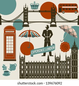 London Landmarks, Symbols and Icons - Set of famous London landmarks and icons, including Westminster Palace, London Bridge, Big Ben, double decker bus and English Bobby