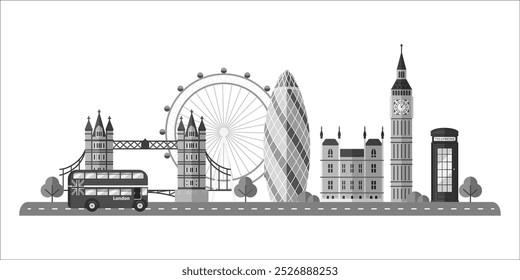 Lugares famosos de Londres. Fondo de horizonte de capital del Reino Unido para postal, Anuncio, cartel. Paisaje urbano de Londres. Inglés de fama mundial de turismo arquitectónico. Ilustración vectorial plana gráfica en colores blanco-gris.