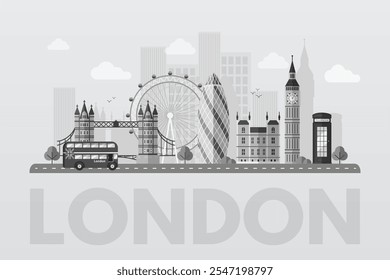 Marcos de Londres. Fundo do horizonte capital do Reino Unido para cartão postal, banner, poster. Paisagem urbana de Londres. Inglês mundialmente famoso arquitetônico. Ilustração gráfica de vetor plano em cores branco-cinza.