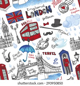 London landmark,symbols, lettering seamless pattern.Hand drawn doodle vector sketchy.Famous architectural monuments ,sign,symbols.Watercolor weather elements.England vintage icons,travel background