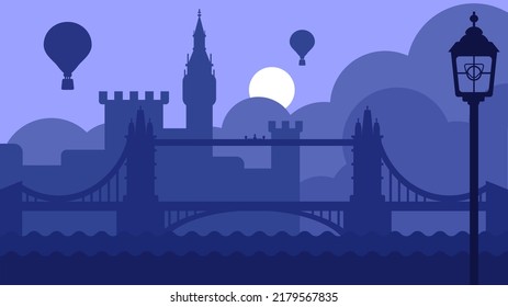 Paisaje de Londres con castillo y vector de río. El transporte en globo aéreo sobrevuela el antiguo edificio de construcción urbano y el puente de torre, gran capital de Gran Bretaña. Ilustración de dibujos animados de la ciudad