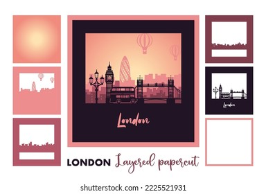 London layered papercut card with cityscape, big ben, tower bridge, lantern and bus. 3D London shadow box. Layered card Vector Illustration