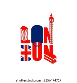 London lettering sign object letters. Typography Landmark of London. Red doubledecker and phone booth. UK flag and Big Ben Elizabeth Tower