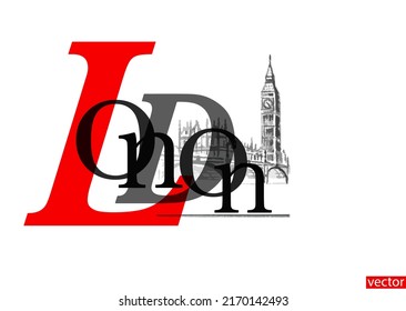 London letters isolated on a white background. Illustration of Big Ben with a blank area for text. Interior poster London. Landmark of the United Kingdom of Great Britain and Northern Ireland. Vector