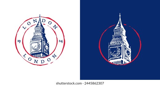 London logo. Big Ben, London Bridge, London Eye, Underground landmark typography logo. Modern and Vintage England, Britain, UK icon