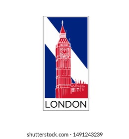 London logo poster or card design in the national colors of the flag in red, white and blue with an exterior view of Big Ben and text below, vector illustration