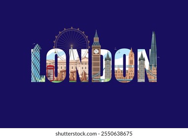 london logo. london text in famous landmark illustration for t shirt, banner, poster. Explore London