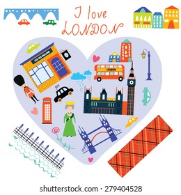 London love card with funny landmarks and people
