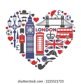 London love. Symbols of London in the shape of a heart. Vector Illustration