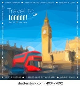 London, low-poly polygonal vector background saved as Eps10. Famous red London bus in front of Big Ben. 
