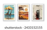 London. Maasai Mara National Reserve, Kenya. Madagascar - Set of 3 Vintage Travel Posters. Vector illustration. High Quality Prints