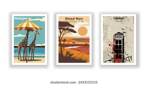 London. Maasai Mara National Reserve, Kenya. Madagascar - Set of 3 Vintage Travel Posters. Vector illustration. High Quality Prints