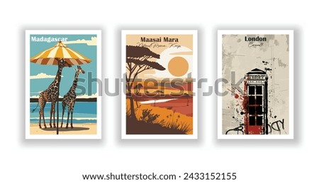 London. Maasai Mara National Reserve, Kenya. Madagascar - Set of 3 Vintage Travel Posters. Vector illustration. High Quality Prints