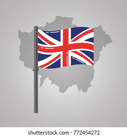 london map and great britain flag on a silver metallic pole