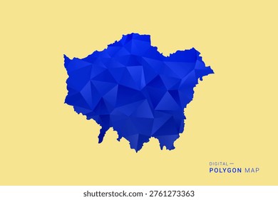 London Map - Low poly polygon map in deep blue gradient on soft beige background, modern minimal geometric design, clean abstract vector illustration with faceted triangulated style.