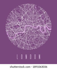 London map poster. Decorative design street map of London city. Cityscape aria panorama silhouette aerial view, typography style. Land, river, highways, avenue. Royalty free vector illustration.