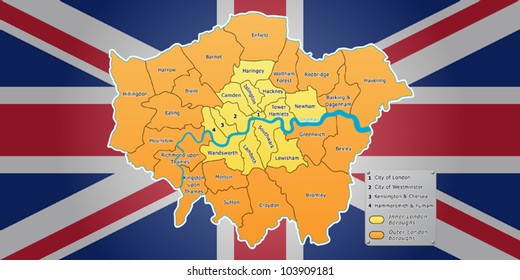 London map with Union Jack flag on background. All London boroughs included. Fully editable vector, data are in layers.