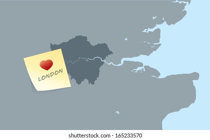 london map with yellow stick note card with heart and London word