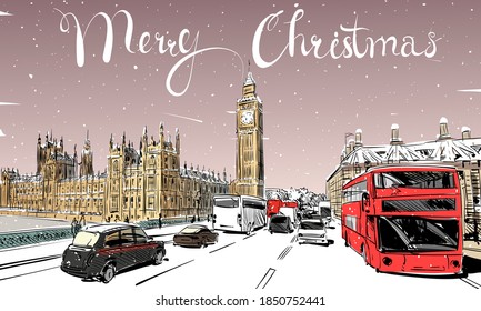 London Merry Christmas and New Year greeting card design.Trendy cover template. Winter city. Hand drawn vector illustration