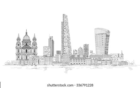 London modern and old, Sketch illustration includes Walkie Talkie building, tower 42 and St. Paul's cathedral 