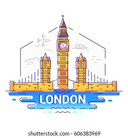 London - modern vector line travel illustration. An unusual composition with the tower, big ben, plane, cloud, river in the sky background, landmarks, journey, trip, vacation