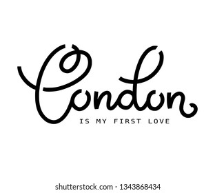 London is my first love. Handlettering of english city, the capital of the GB. Modern brush logo, calligraphy. Hand drawn ornament for wrapping paper