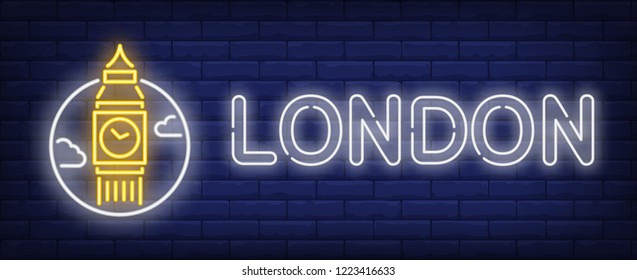 London neon sign. Big ben in circle on brick wall background. Vector illustration in neon style for travel signs and billboards