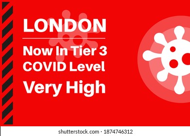 Londres ahora en nivel 3 - nivel COVID muy alto - Ilustración con el logotipo del virus en un fondo rojo.