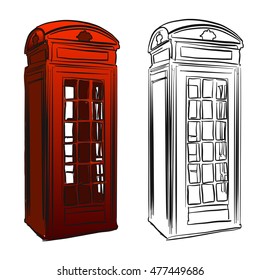 London Old Telephone Box Sketch, Hand drawn Vector Outline Artwork
